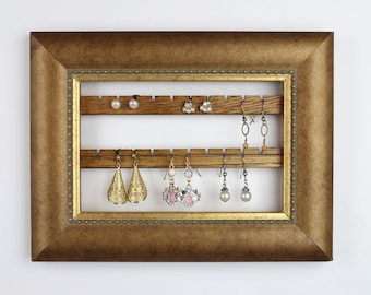 DISCOUNTED Hanging Stud Earring Holder, Small Earring Display, Wall Mount Jewelry Organizer, Gold Frame Holds 10 Pairs, Home Organization