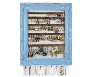 Wall Jewelry Organization, Blue Custom Jewelry Organizer, Hanging Earring Holder, Jewelry Display Frame, Elegant Ornate Wall Mount Storage