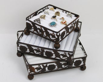Ring Display Box, Jewelry Tray, Jewelry Organizer Stand, Unique Ring Display, Matching Trays, Dresser Storage, Bronze Metal w/ White Fabric