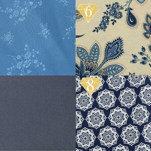May include: Four fabric swatches with different patterns. The top left swatch is a light blue fabric with a small white floral pattern. The top right swatch is a cream fabric with a blue and brown paisley pattern. The bottom left swatch is a dark blue fabric with a subtle texture. The bottom right swatch is a dark blue fabric with a white geometric pattern.