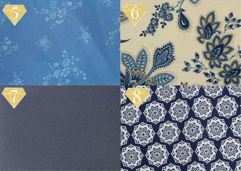 May include: Four fabric swatches with different patterns. The top left swatch is a light blue fabric with a small white floral pattern. The top right swatch is a cream fabric with a blue and brown paisley pattern. The bottom left swatch is a dark blue fabric with a subtle texture. The bottom right swatch is a dark blue fabric with a white geometric pattern.