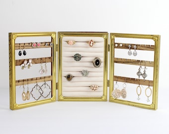 Soporte para anillos y pendientes de pie, organizador de pendientes plegable, soporte organizador de joyas, expositor de anillos de tres pliegues, organizador de joyas con marco vintage