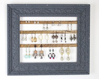 Earring Storage Frame, Wall Hanging Earring Holder, Ornate Jewelry Display, Chippy Distressed Gray Blue