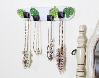 Leaf Jewelry Holder, Green Leaves Necklace Organizer, Wall Hanging Bohemian Decor, Boho Art, Wood Plant Art, Greenhouse Collection