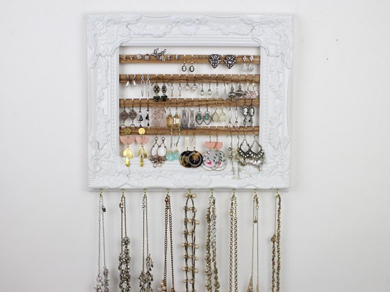 Ornate White Earring Holder, Wall Hanging Bedroom Decor, Wood