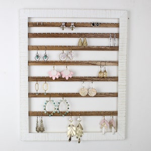 Hanging Jewelry Holder, Distressed White Earring Display, Wood Jewelry Organizer, Wall Mount Earring Organization, Bedroom Storage Solutions
