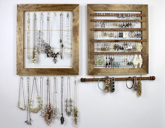 Jewelry Organizer Set, Shiplap Frame, Necklace & Earring Holder