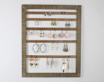 Hanging Jewelry Holder, Rustic Brown Earring Display, Wood Jewelry Organizer, Wall Mount Earring Organization, Bedroom Storage Solutions