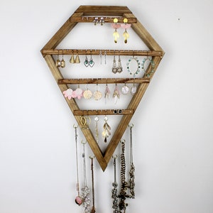 Earring Holder Wall Hanging, Diamond Frame Earring Organizer, Wood Jewelry Storage, Statement Earring Display, Bathroom Organization