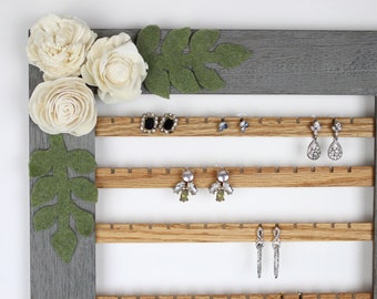 Long Gray Earring Organizer, Wood Flower Frame, Wall Hanging Jewelry Holder, Wall Mount Earring Display, Vertical Jewelry Organization