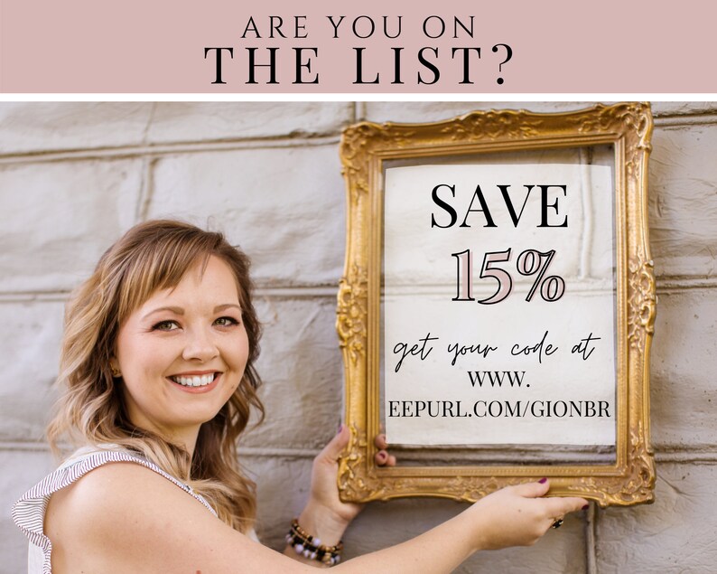 May include: A woman holds a gold picture frame with a white background. The frame displays the text "SAVE 15%" and "get your code at WWW. EEPURL.COM/GIONBR".