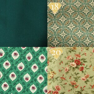 May include: Four fabric swatches in green tones. The top left swatch is a solid dark green. The top right swatch has a repeating pattern of green and brown circles. The bottom left swatch has a repeating pattern of small white flowers with green leaves on a green background. The bottom right swatch has a repeating pattern of pink flowers with green leaves on a light green background.