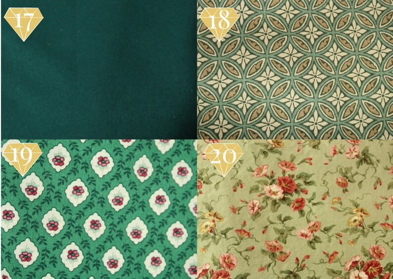 May include: Four fabric swatches in green tones. The top left swatch is a solid dark green. The top right swatch has a repeating pattern of green and brown circles. The bottom left swatch has a repeating pattern of small white flowers with green leaves on a green background. The bottom right swatch has a repeating pattern of pink flowers with green leaves on a light green background.