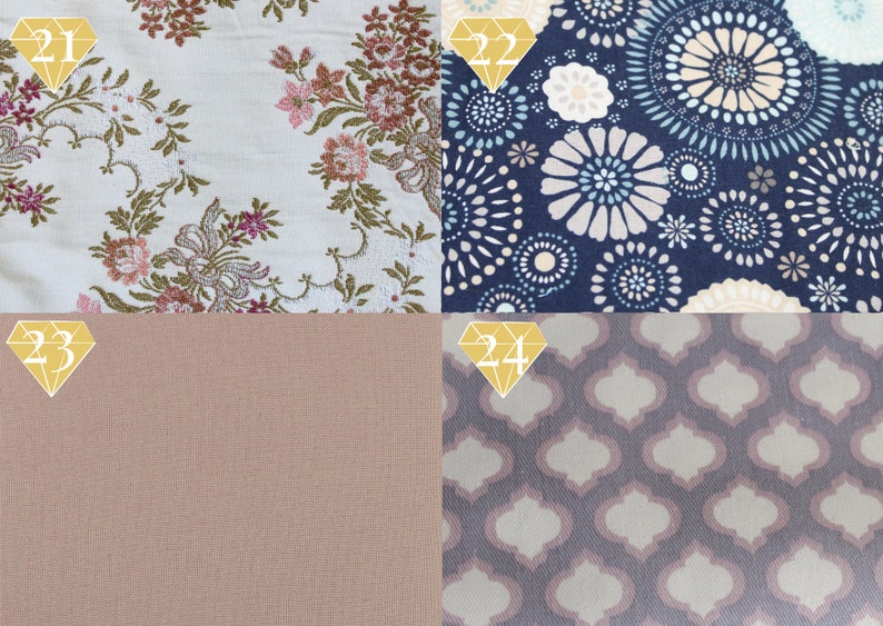 May include: Four fabric swatches with different patterns. The top left swatch has a white background with a floral pattern in shades of pink, green, and brown. The top right swatch has a dark blue background with a white and light blue circular pattern. The bottom left swatch has a solid light brown background. The bottom right swatch has a light gray background with a repeating pattern of dark gray and light gray geometric shapes.