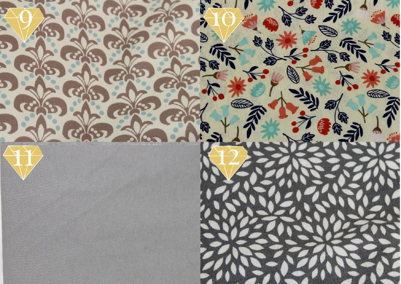 May include: Four fabric swatches with different patterns. The top left swatch has a brown and cream damask pattern. The top right swatch has a floral pattern with red, blue, and green flowers on a cream background. The bottom left swatch is a solid gray. The bottom right swatch has a white leaf pattern on a gray background.