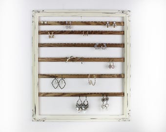 Organizador grande de pendientes, joyero colgante color crema, marco para pendientes de pared, almacenamiento de joyas vintage, capacidad para 72 pares, marco con acabado envejecido.