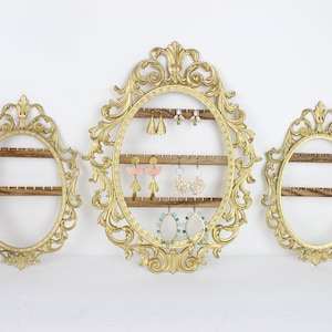 Wall Mount Earring Holder, Set of 3 Hanging Earring Organizer, Gold Jewelry Organization, Vintage Frame Earring Storage