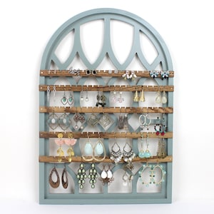 Arch Window Jewelry Holder, Holds 55 Pairs, Wall Hanging Earring Display, Farmhouse Cathedral Frame, Wooden Jewelry Organizer