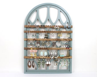Arch Window Jewelry Holder, Holds 55 Pairs, Wall Hanging Earring Display, Farmhouse Cathedral Frame, Wooden Jewelry Organizer
