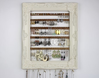 Cream Wall Mount Jewelry Organizer, Framed Earring Hanger, Hanging Jewelry Organizer, Wall Earring Display Frame, Earring Holder Frame