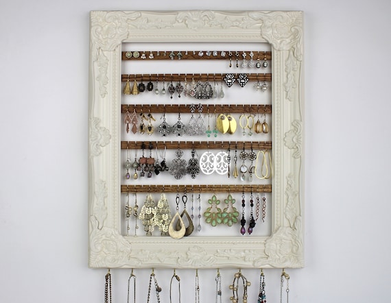 Cream Wall Mount Jewelry Organizer, Framed Earring Hanger, Hanging Jewelry  Organizer, Wall Earring Display Frame, Earring Holder Frame 