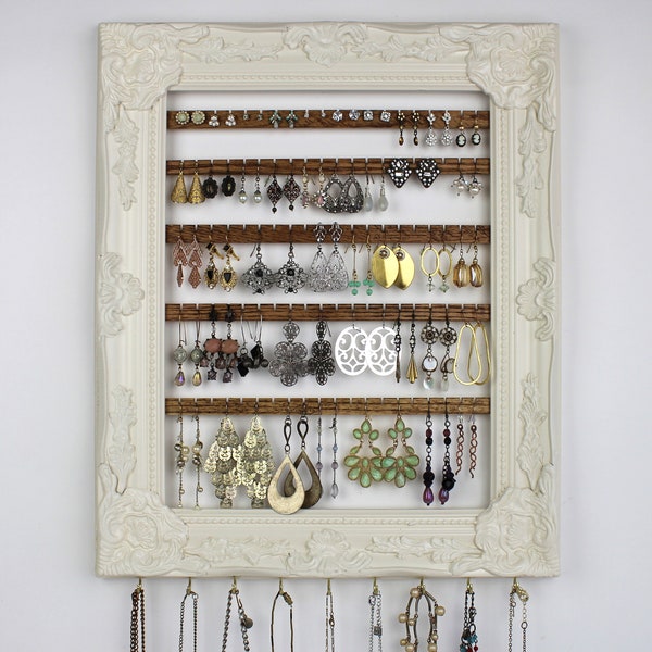 Cream Wall Mount Jewelry Organizer, Framed Earring Hanger, Hanging Jewelry Organizer, Wall Earring Display Frame, Earring Holder Frame