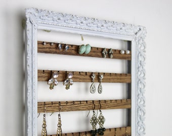 Metal Jewelry Holder, Wall Hanging Earring Organizer, Vertical Vintage Frame, White Metal & Wood Storage Solution, Unique Earring Rack