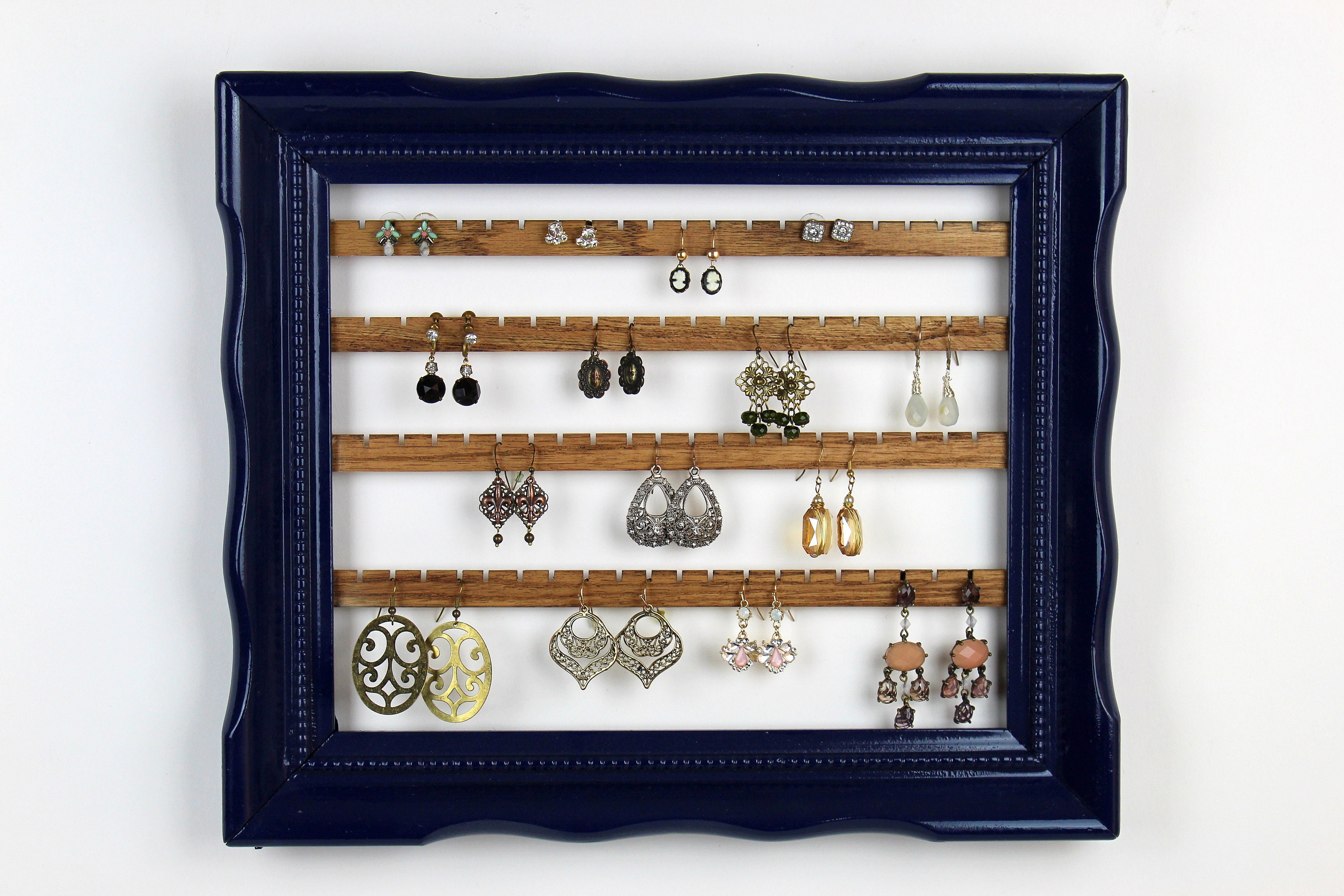 Navy Blue Jewelry Holder Vintage Frame Display Holds 50