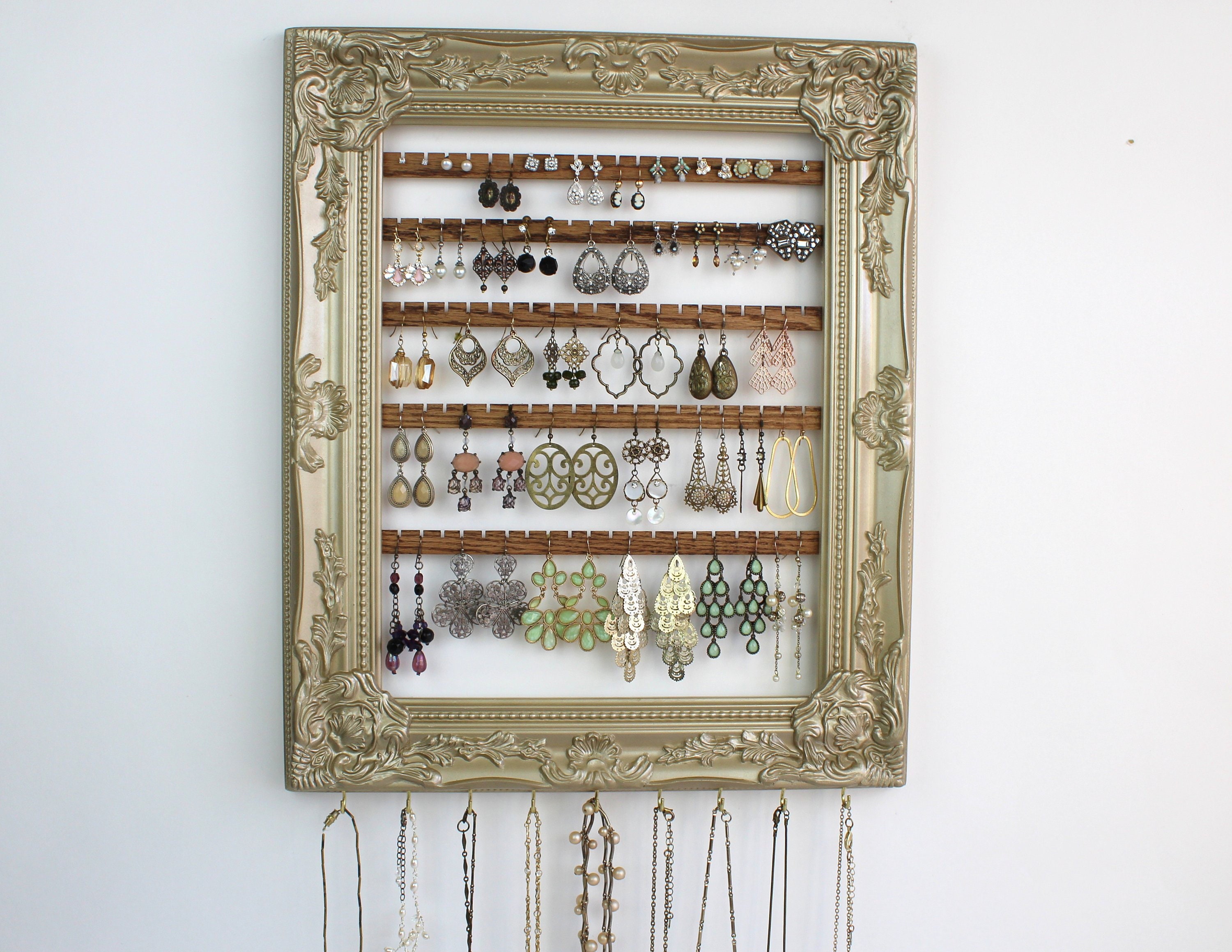 Mid Century Minimalist Walnut & Oak Hanging Jewelry Organizer Bracelet,  Necklace, Earrings, Metal Hooks, Wall Mount, Solid Wood, Display 