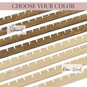 May include: Multiple wooden strips with evenly spaced notches arranged in parallel rows. The top strips feature a dark brown stained finish, while the bottom strips are a light, natural raw wood. The text CHOOSE YOUR COLOR is at the top.