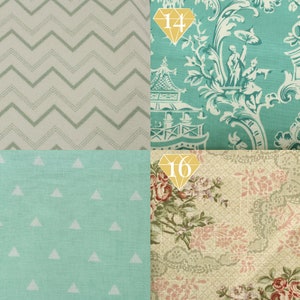 May include: Four fabric swatches with different patterns. The top left swatch is a light gray fabric with a green chevron pattern. The top right swatch is a teal fabric with a white floral pattern. The bottom left swatch is a light teal fabric with a white triangle pattern. The bottom right swatch is a beige fabric with a pink and green floral pattern.