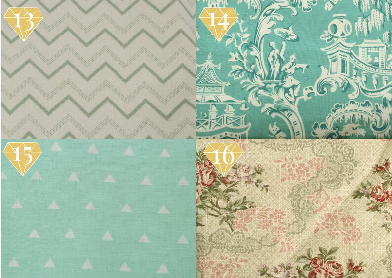 May include: Four fabric swatches with different patterns. The top left swatch is a light gray fabric with a green chevron pattern. The top right swatch is a teal fabric with a white floral pattern. The bottom left swatch is a light teal fabric with a white triangle pattern. The bottom right swatch is a beige fabric with a pink and green floral pattern.