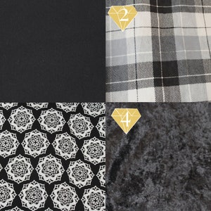 May include: Four fabric swatches, each with a different pattern. The first swatch is black, the second is a black and white plaid, the third is a black fabric with a white geometric pattern, and the fourth is a black velvet fabric.