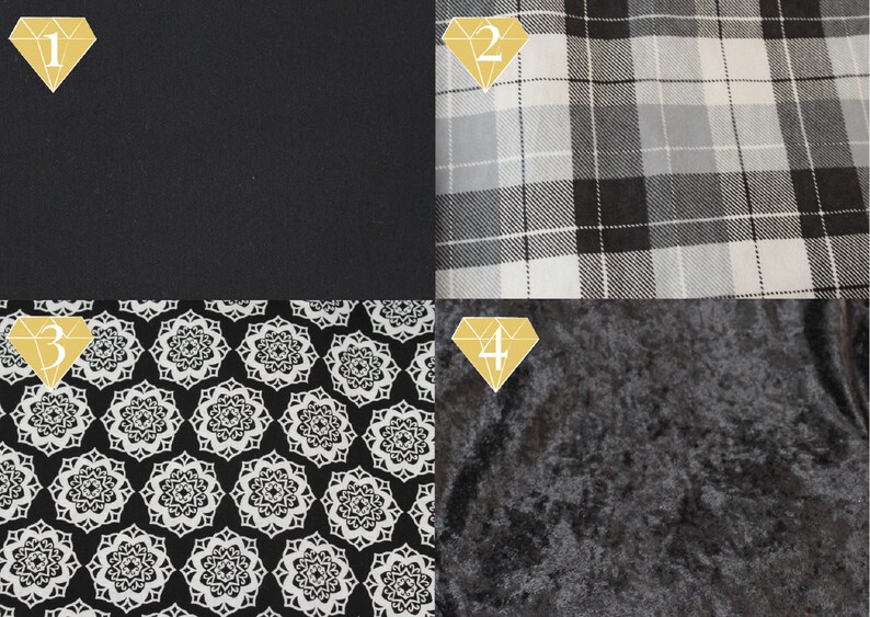 May include: Four fabric swatches, each with a different pattern. The first swatch is black, the second is a black and white plaid, the third is a black fabric with a white geometric pattern, and the fourth is a black velvet fabric.
