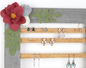 Long Gray Earring Organizer, Felt Flower Frame, Wall Hanging Jewelry Holder, Wall Mount Earring Display, Vertical Jewelry Organization