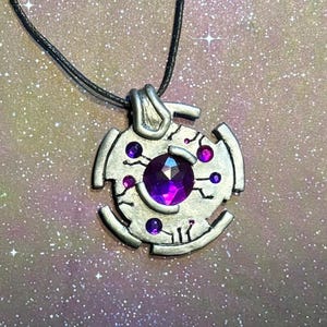 Handmade Sci-Fi Circuit Board Cyberpunk Amulet | Resin Cast, Hand-Painted, Silver with Purple Gems, One of a Kind Cosplay LARP Necklace