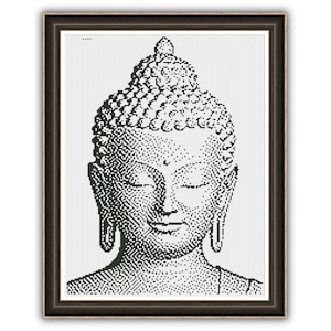May include: A framed black and white dot-art print of Buddha's serene face. The artwork features a detailed depiction of the Buddha's head, with closed eyes and a peaceful expression. The image is set against a white background within a dark brown frame.