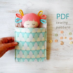 Sewing Pattern DIY mini doll in sleeping bag, Stuffed first Doll cute gift for girl for play, PDF with tutorial, pretend to play baby toy