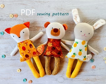 Animal sewing patterns . Bear Fox Bunny PDF.  Plushie baby toys. Rag doll sewing pattern DIY