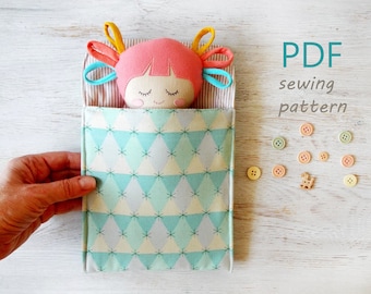 Sewing Pattern DIY mini doll in sleeping bag, Stuffed first Doll cute gift for girl for play, PDF with tutorial, pretend to play baby toy