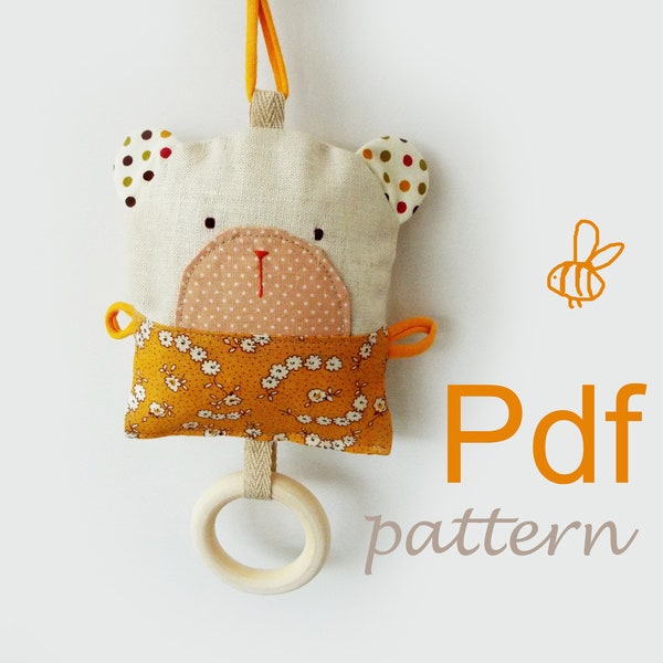 Baby Rattle toy teddy bear pattern, Textile Baby Toys Wooden Ring Teething doll  Sewing pattern, Soft Rattle Toy pattern Gift for Baby