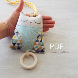 Stuffed sleeping owl doll Pattern Pdf, Rattle Teething Textile Baby Toys with Wooden Ring, Sewing woodland mobile for pram, Soft Rattle Toy