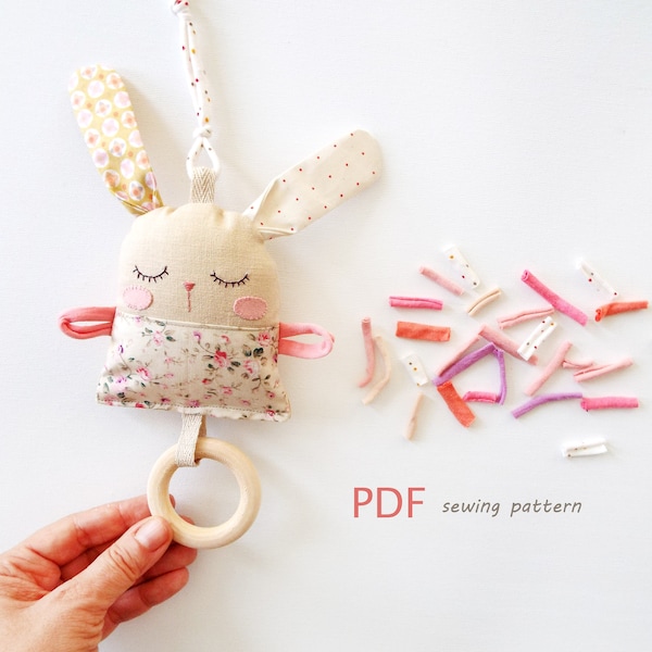Teething toys bunny stuffed animal sewing pattern. Wooden teething baby rattle toy bunny pattern. Rag doll bunny rabbit toys pattern