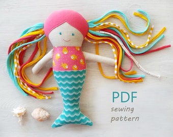 Stuffed Mermaid doll pattern PDF, Cloth rag textile mermaid worry doll DIY sewing pattern, Textile soft anti stress toy to sew for toddler