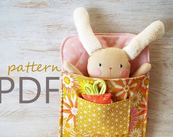 Plushie Bunny sewing pattern Rabbit with carrot in sleeping bag Pattern PDF, Woodland Plush Set Toy Bunny with bad, pretend play travel Toy