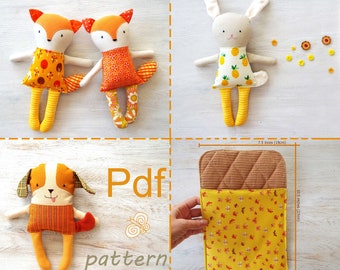 Animal sewing patterns . Dog Fox Bunny PDF.  Fabric toys in sleeping bag. Rag doll sewing pattern DIY