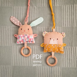 Patrón de costura de sonajero de conejito y oso, juguetes textiles para bebés, mordedor de madera con aro, sonajero suave, juguete para la dentición, regalo para bebé, patrón DIY