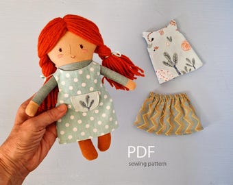 Rag Doll with double-sided dress Sewing Pattern: 9" Stuffed Cloth Girl Toy (PDF)