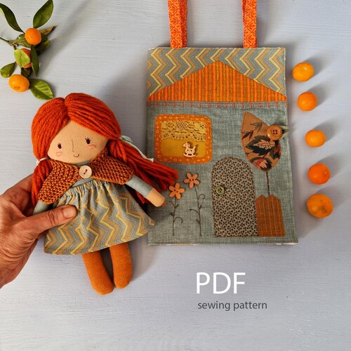 Fabric Dollhouse and rag doll sewing pattern, stuffed doll 9" with wardrobe