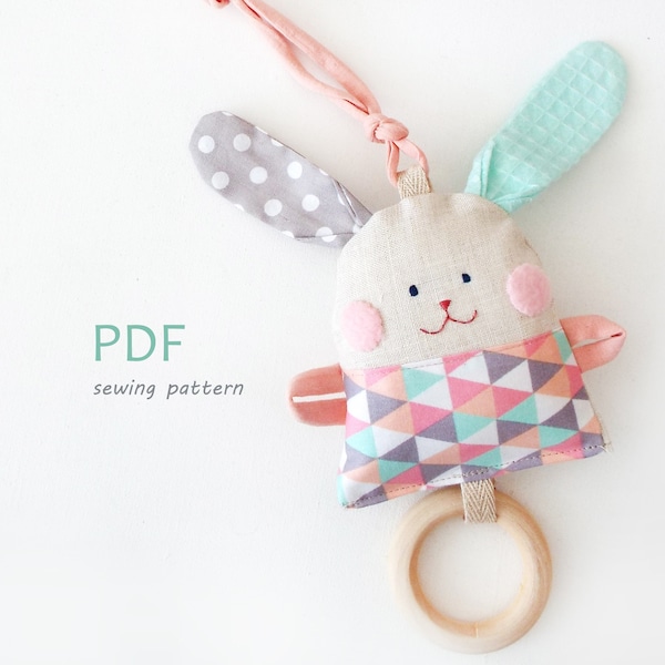 Teething toys bunny stuffed animal sewing pattern. Wooden teething baby rattle toy bunny pattern. Rag doll bunny rabbit toys pattern